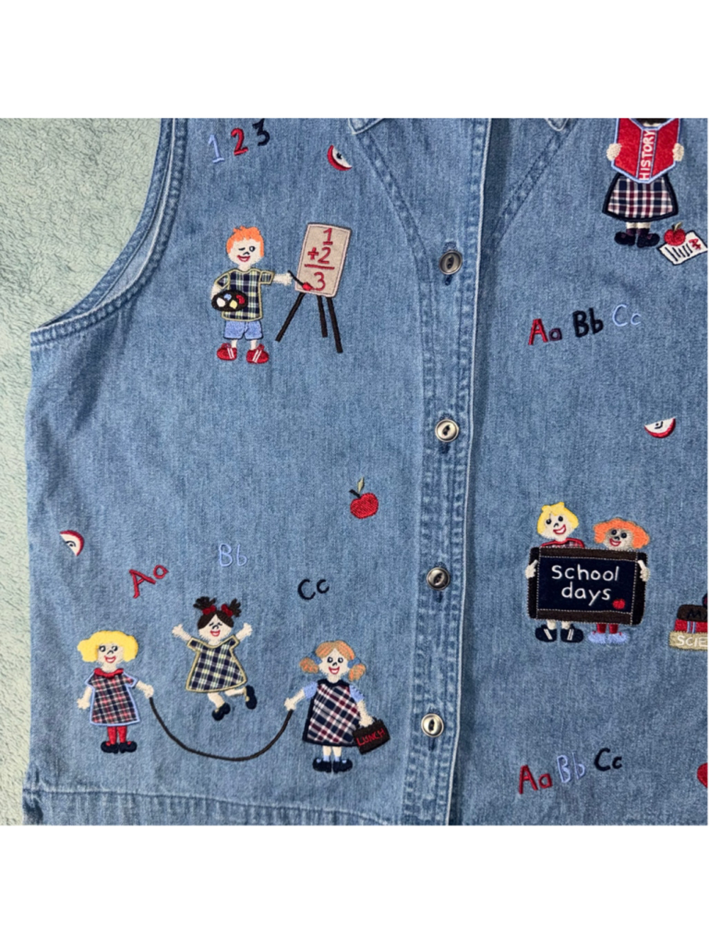 Vintage Christopher & Banks Denim School-Themed Embroidered Vest Sz L Blue Y2K - Picture 4 of 10